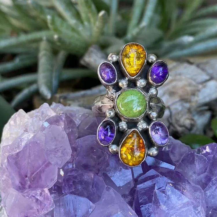 Richard Begay Green Turquoise Amethyst and Amber Ring Sterling Size 6 Navajo