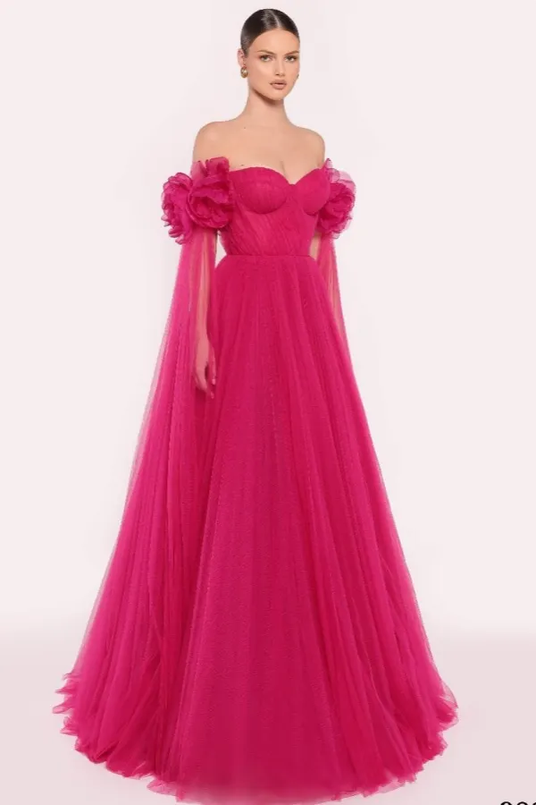 Lussooy Glamorous Fuchsia Tulle Off the Shoulder Floral Sleeveless Prom Dress  