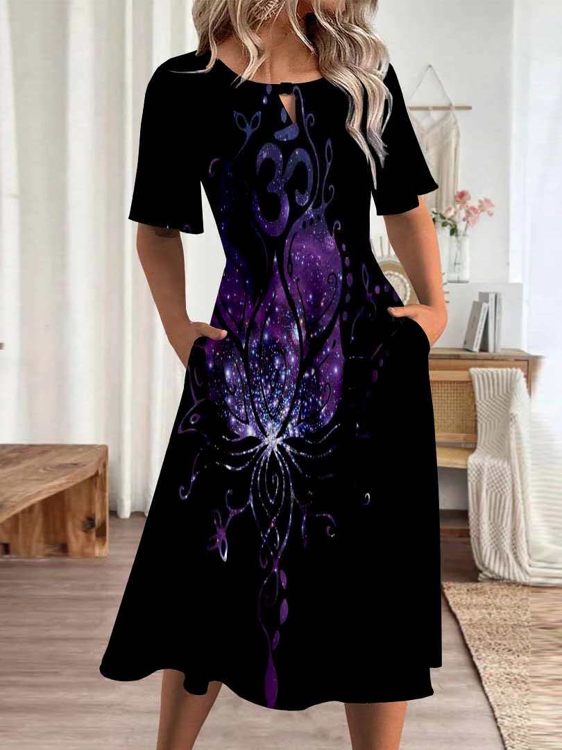 Women Graphic,Black DZHA8384 Short Sleeve Scoop Neck Graphic Printed Hollow Midi Dress