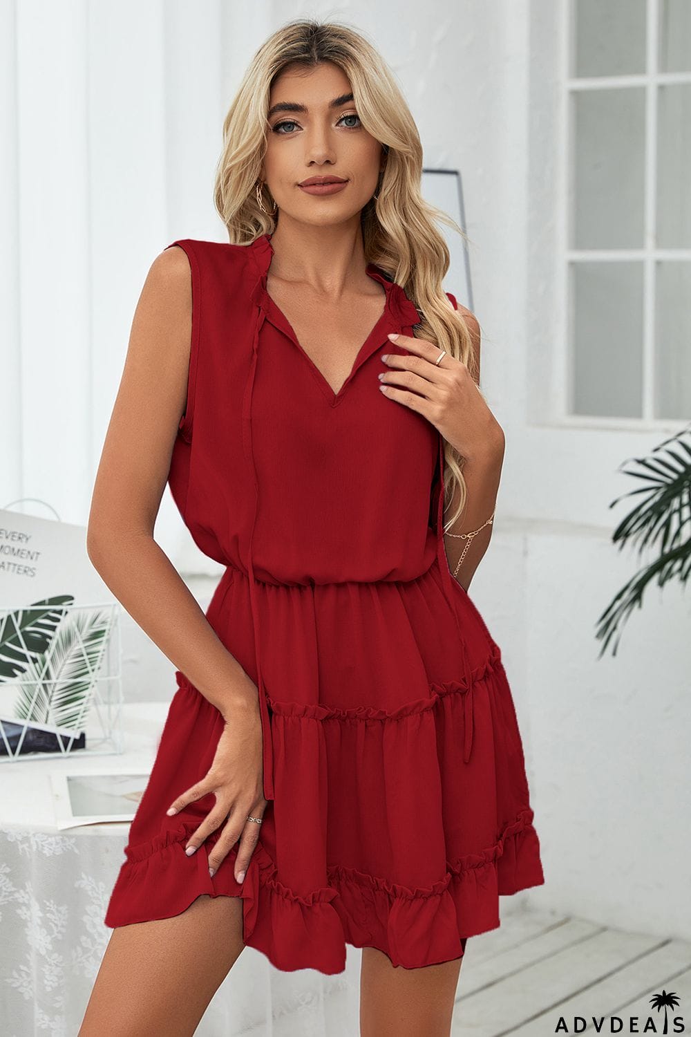 Frill Trim Tie Neck Sleeveless Mini Dress