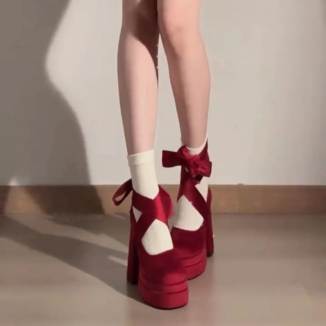 Churchf Churchf Thick-Soled New Chinese Single-Shoe Women Waterproof Table Small Velvet High Heels Cross With Round Head Mary Treasure Shoes