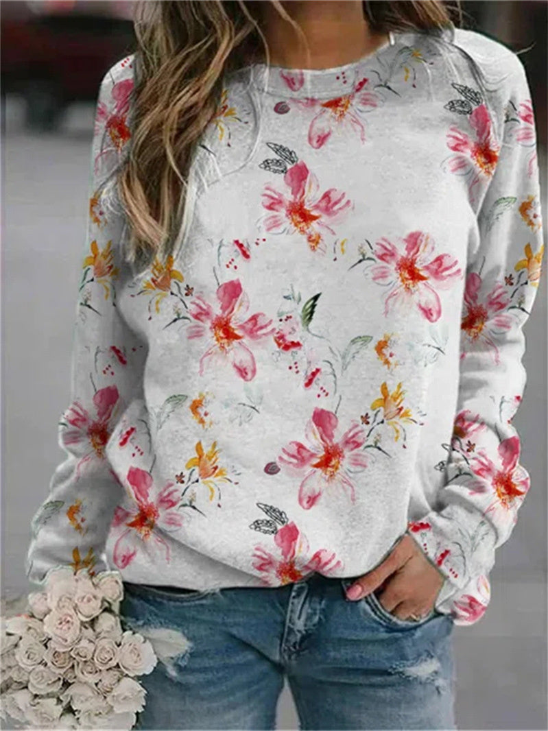Women Long Sleeve V-neck Graphic Floral Printed Top