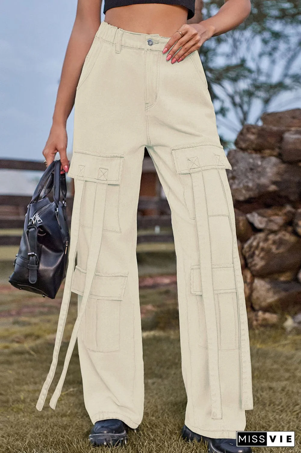 Street Solid Pocket Loose Denim Jeans