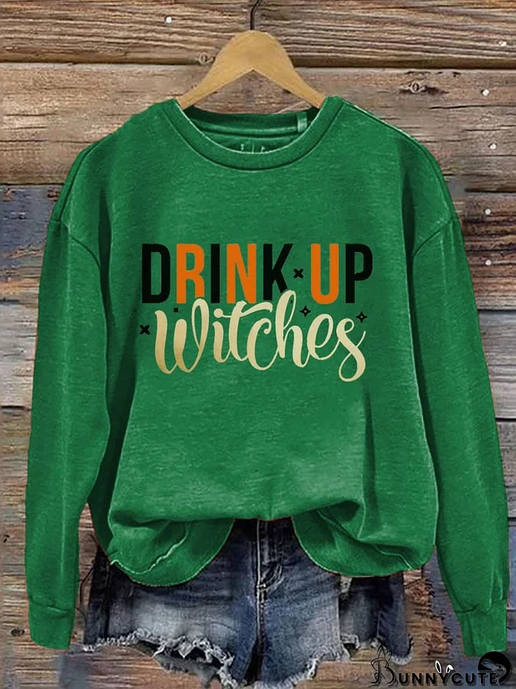 Women's Halloween Drink Up Witches Printed Round Neck Long Sleeve Sweatshirt