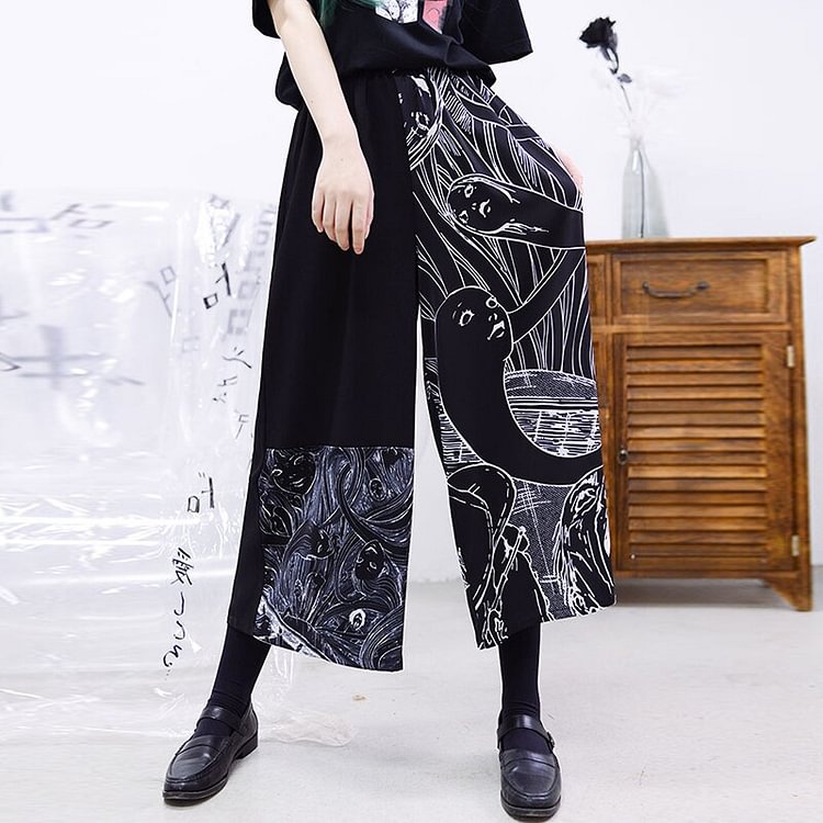 Design Elastic Waist Asymmetrical Cartoon Printed Wide Leg Pants 