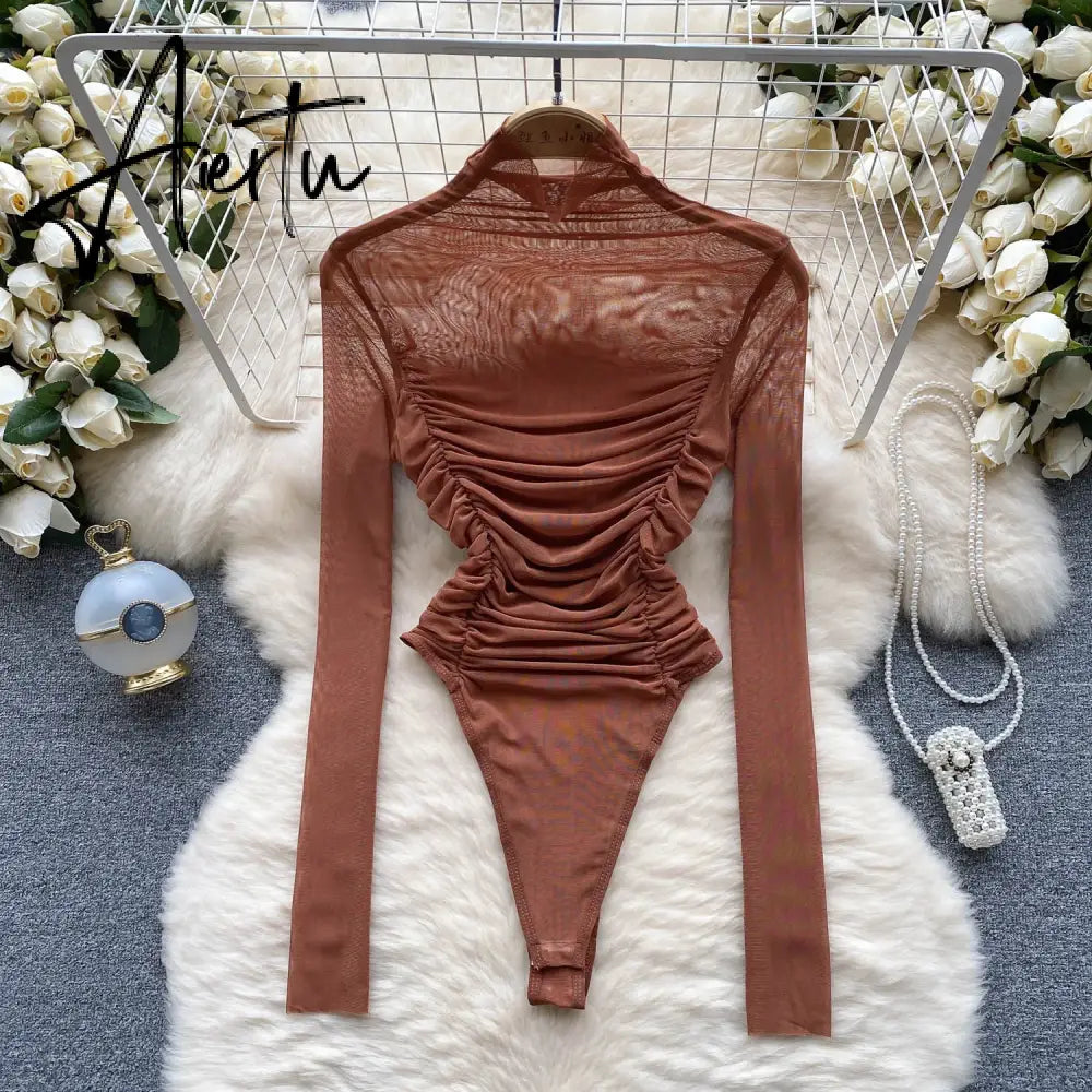 Aiertu Autumn Mesh Basic Top Women Turtleneck Long Sleeve Ruched Open Crotch Slim Playsuits Fashion Sheer Sexy Bodysuits Aiertu