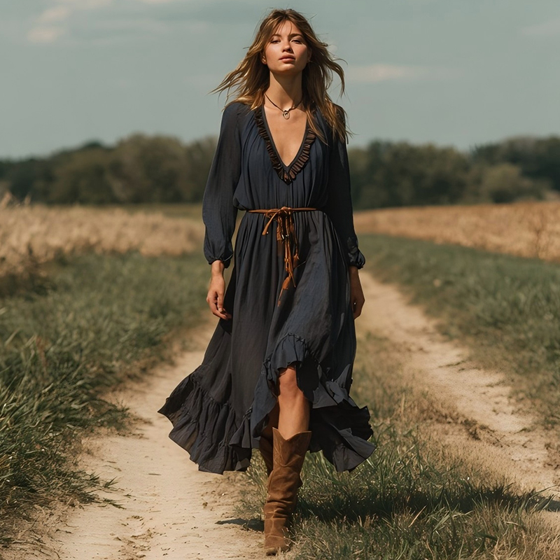 Women's V-neck Ruffle Chiffon Holiday Casual Vintage Dress