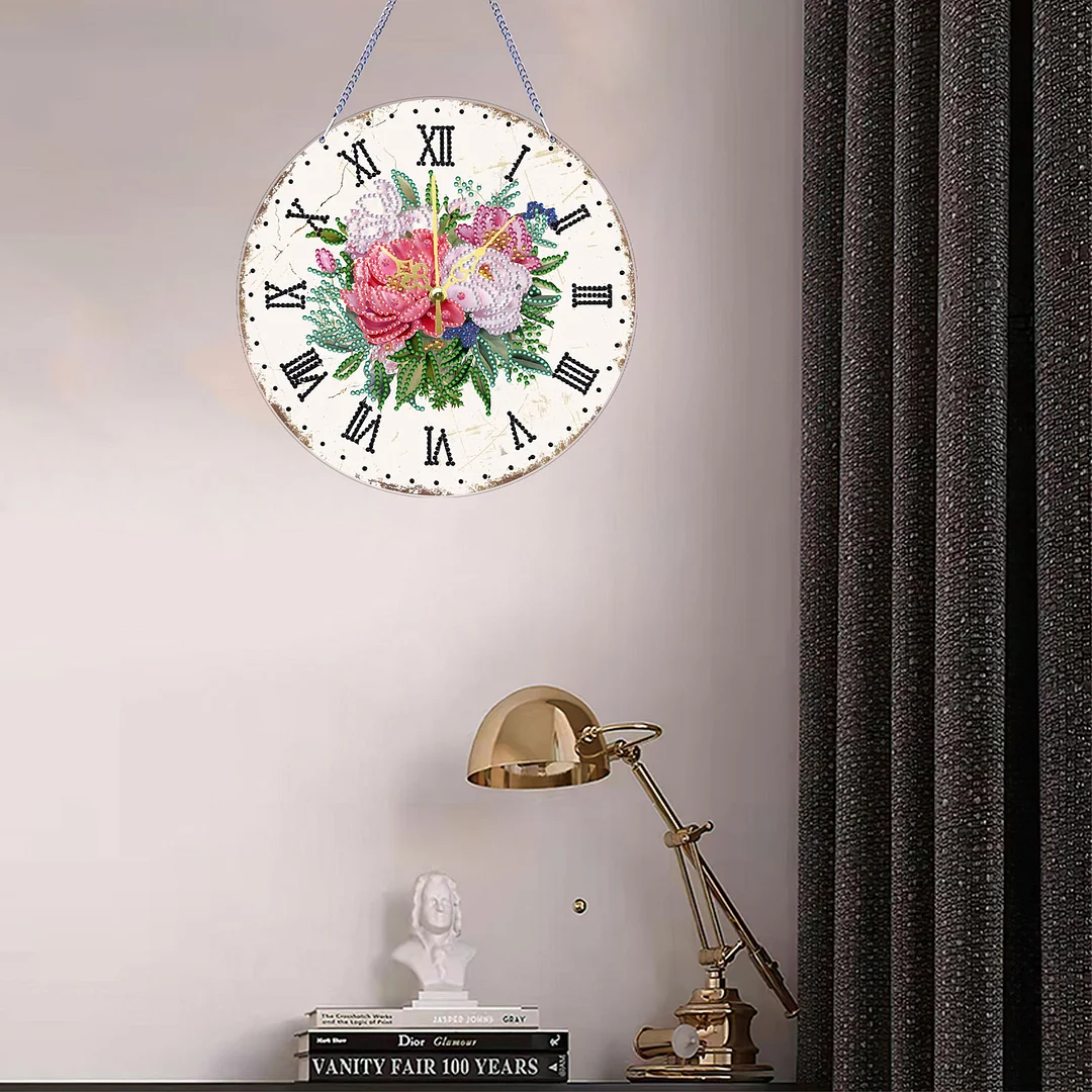 2D DIY Acrylic Pink Flower Diamond Painting Wall Clock Pendant w/ Clock Function