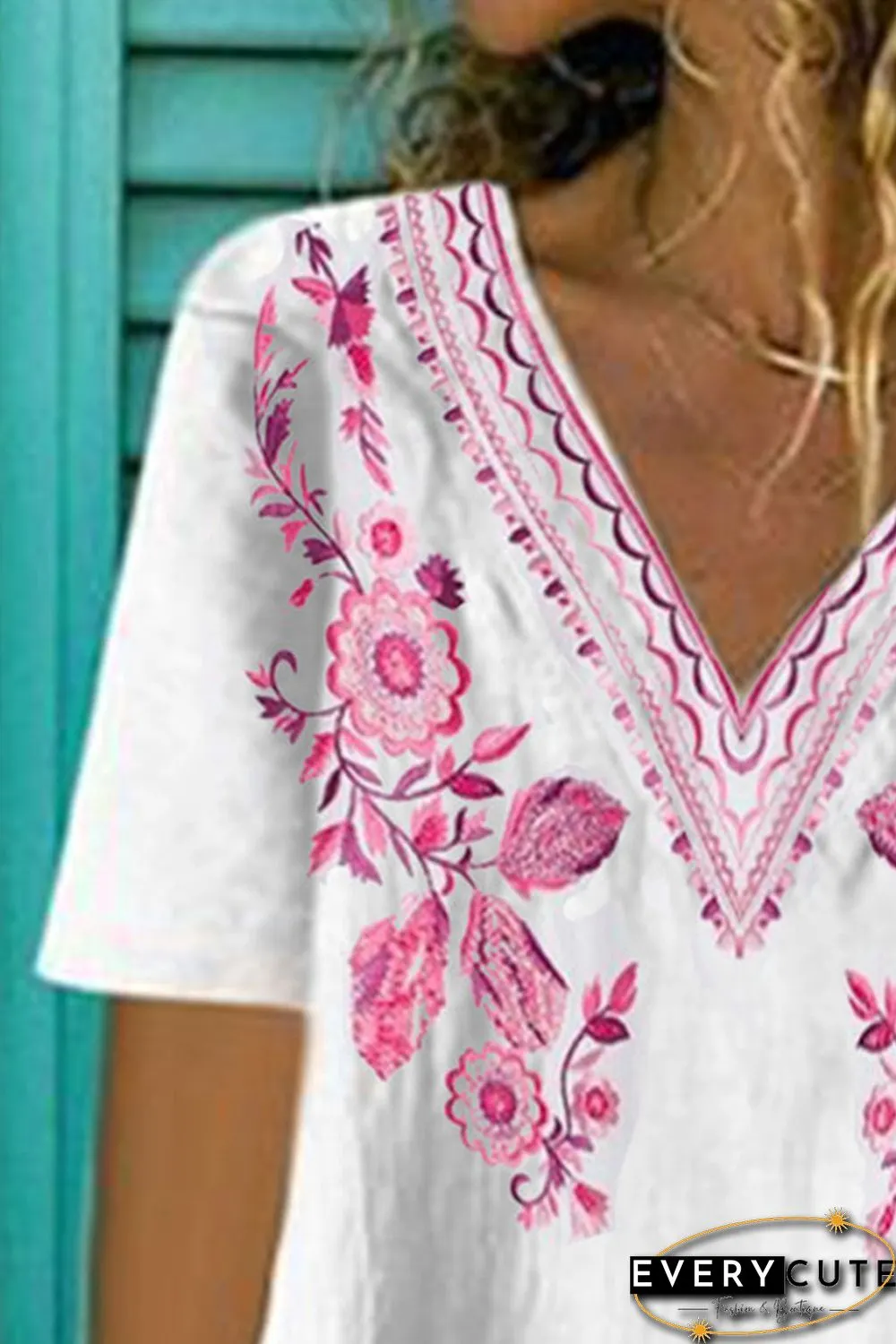 White Floral Pattern V Neck Short Sleeve Top