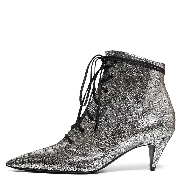 Silver Lace Up Boots Low Heel Ankle Boots |FSJ Shoes