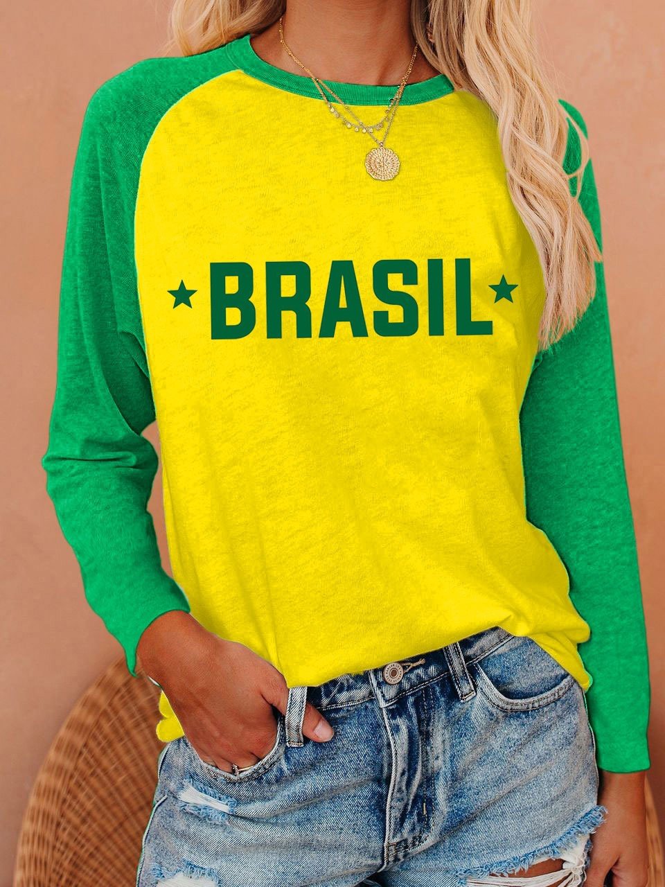 Women's Brazil National Football Team Print Weihua Casual Long Sleeve T-Shirt