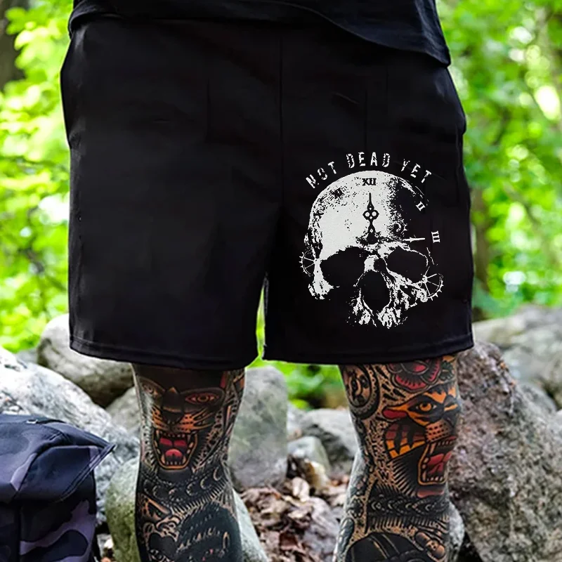 NOT DEAD YET Skull Vintage Style Graphic Black Print Shorts