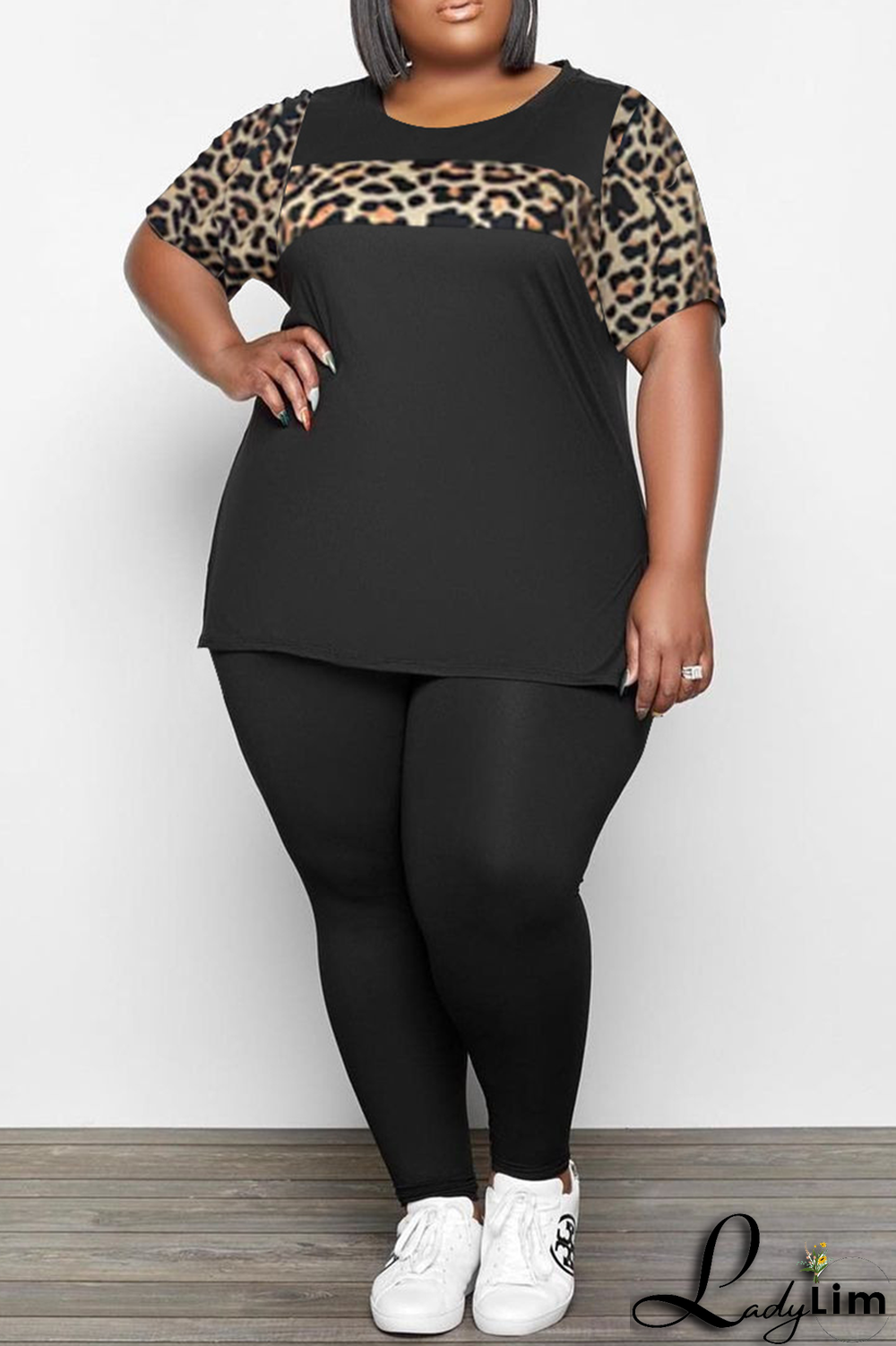 Black Casual Leopard Patchwork O Neck Plus Size Two Pieces