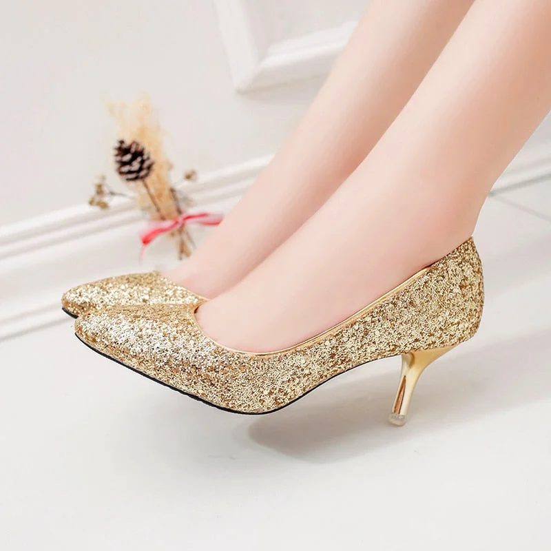 WDHKUN elegant ladies shinning glitter gold silver pumps 2019 sexy pointed toe high heels ankle strap wedding party shoes woman