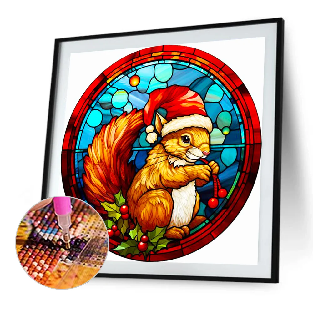 Diamond Painting - Full Round Drill - Stained Glass Xmas Squirrel(Canvas|40*40cm)