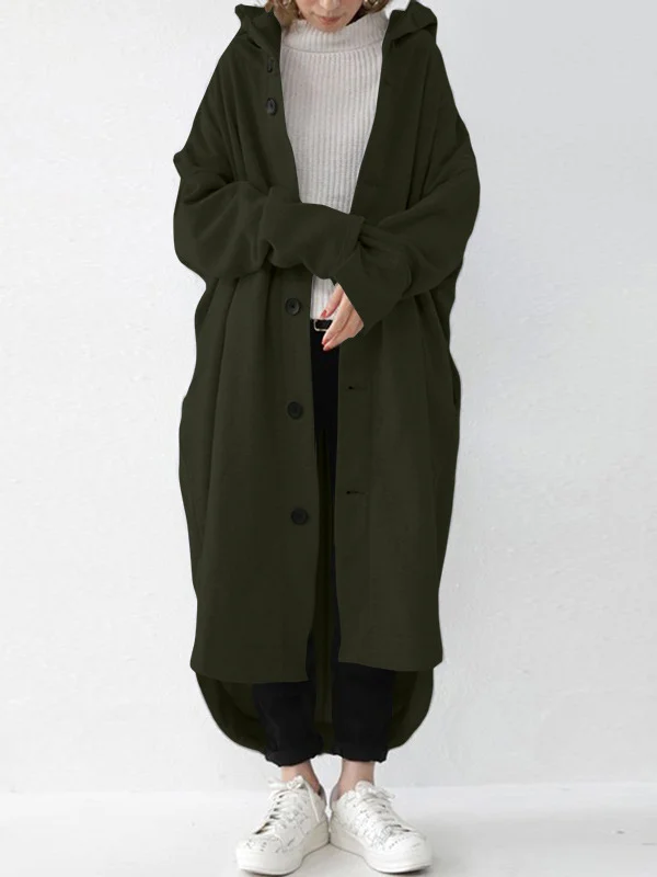 Loose Solid Color Buttoned Hooded Windbreaker Coat