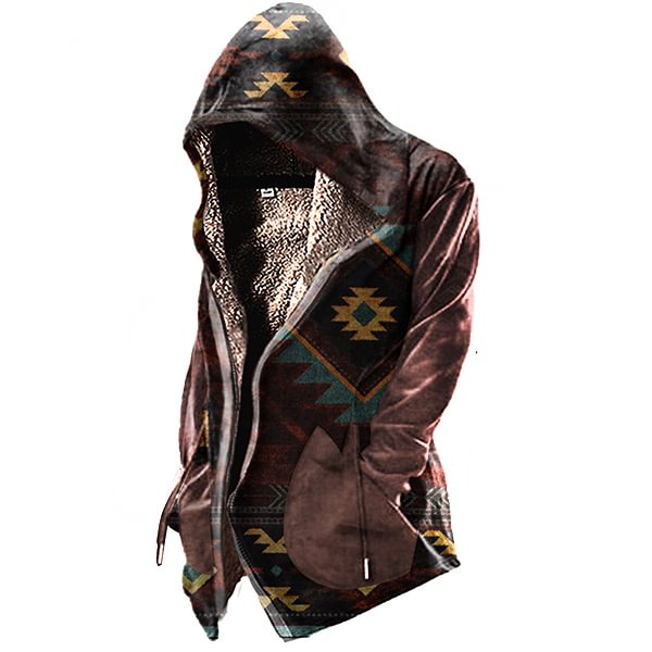 Men's Retro Western Style Zip Fleece Mid-Length Hooded Jacket