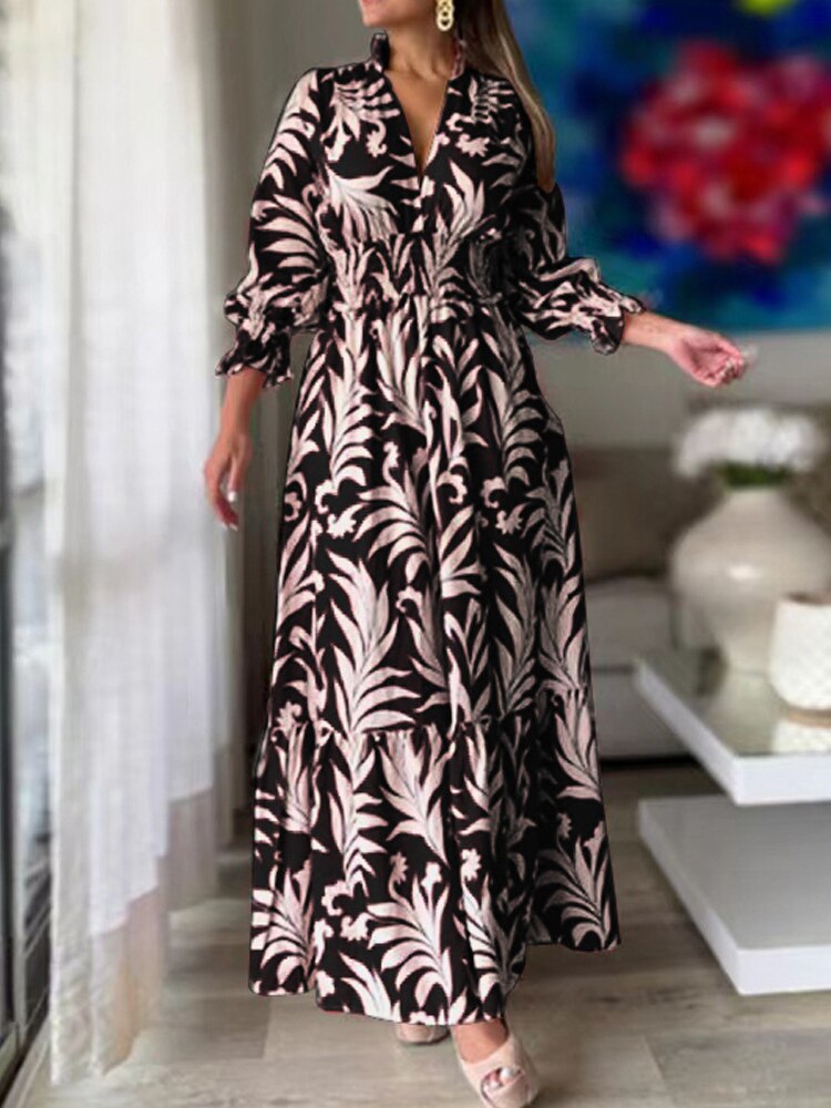 Llyge Dresses for Women 2024 Spring Summer Bohemia V Neck Tucked Waist Long Dresses Fashion Women Clothing Party Evening Dresses Robe llyge