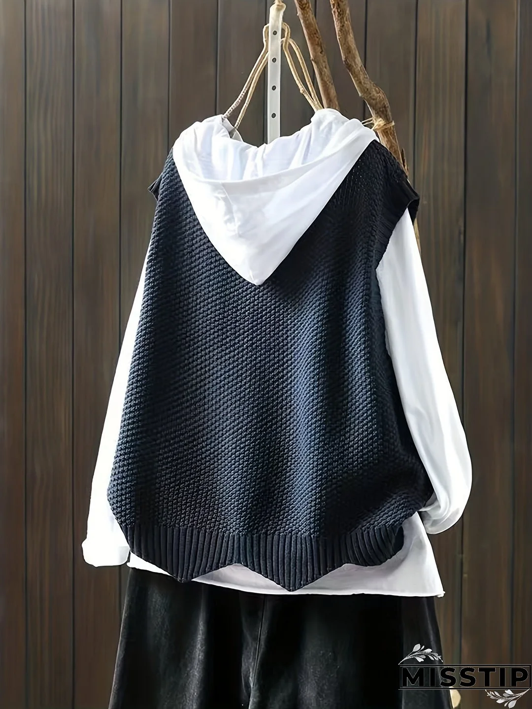 Solid Crew Neck Knitted Vest, Casual Sleeveless Loose Sweater, Women's Clothing