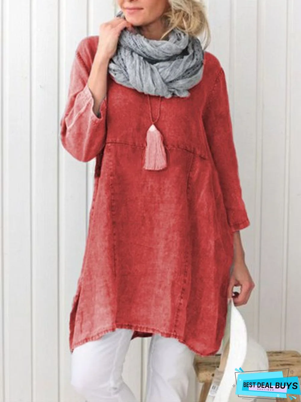 zolucky Plus Size Casual Plain Long Sleeve Linen Dress