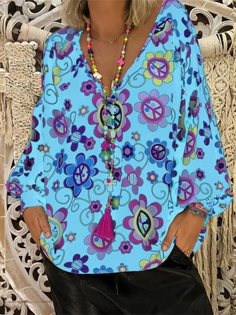 Women Loose Slim V-neck Print Puff Sleeve Long Sleeve T-shirt Tops