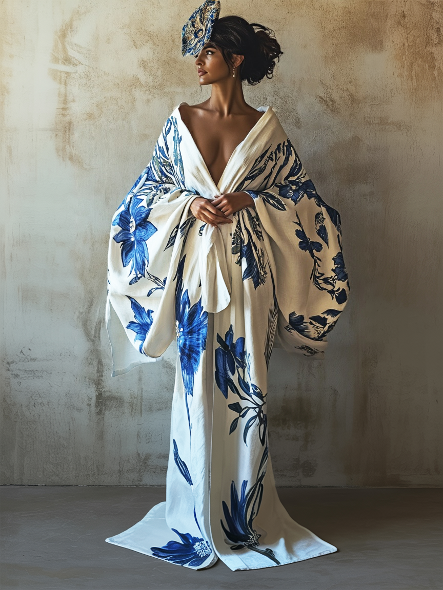 Women's Blue Blue Snowflake Kimono Linen Robe (Including Belt)
