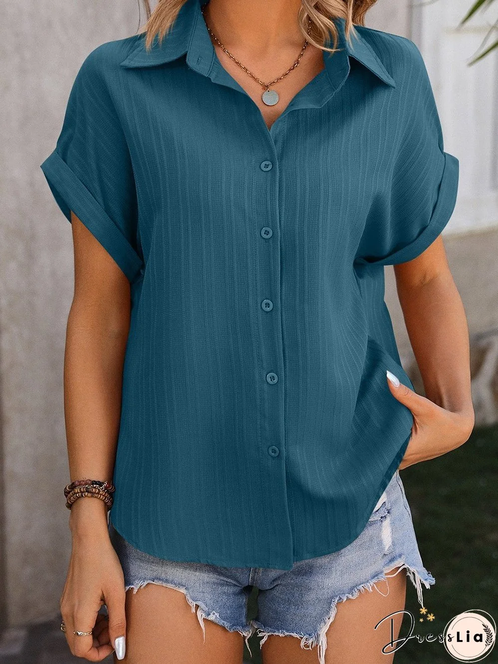 Teal Striped Texture Shirt with Cuffed Sleeves
