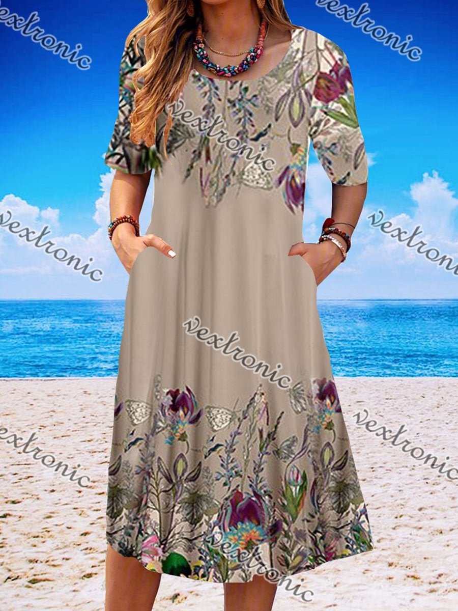 Women Casual Short Sleeve Scoop Neck Floral Printed Pockets Midi Dress