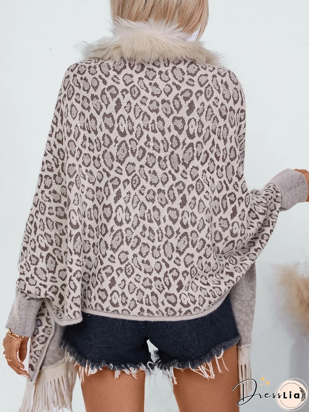 Fringe Leopard Open Front Long Sleeve Poncho