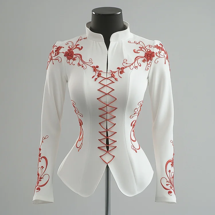 Ursime Stand Collar Lace Up Floral Pattern Long Sleeve Blouse