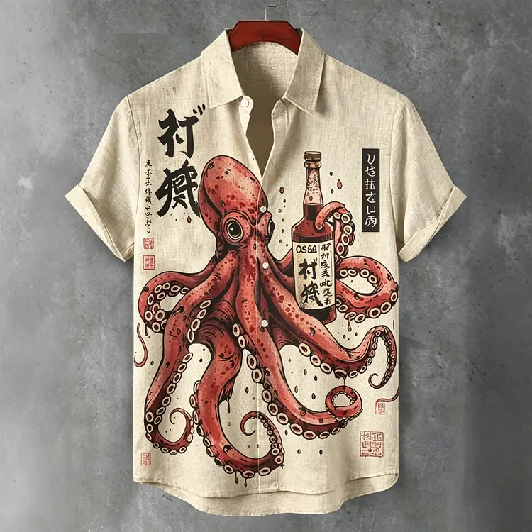 Men's Retro Japanese Octopus Design Cotton Linen Short-sleeve Shirt