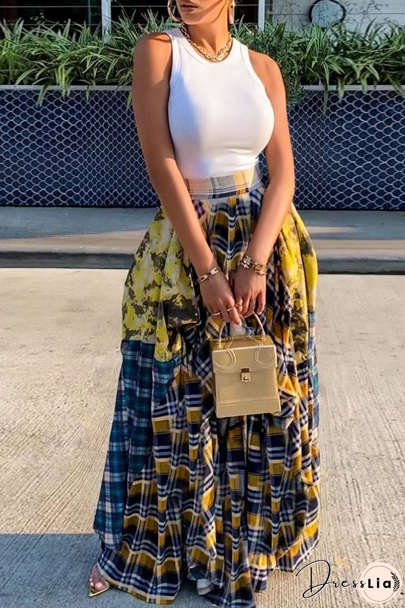 Fashion Casual Plaid Print Split Joint Regular High Waist Skirt