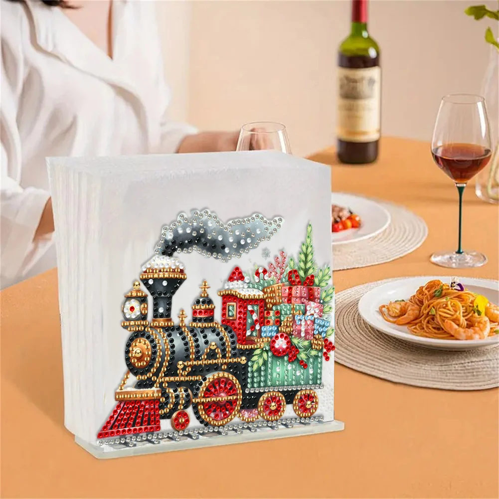 5D DIY Christmas Train Acrylic Double Sided Diamond Art Paper Towel Storage Rack Decor