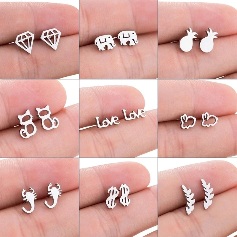 Minimalist Letter Cat Elephant Stainless Steel Plating Hollow Out Ear Studs 1 Pair