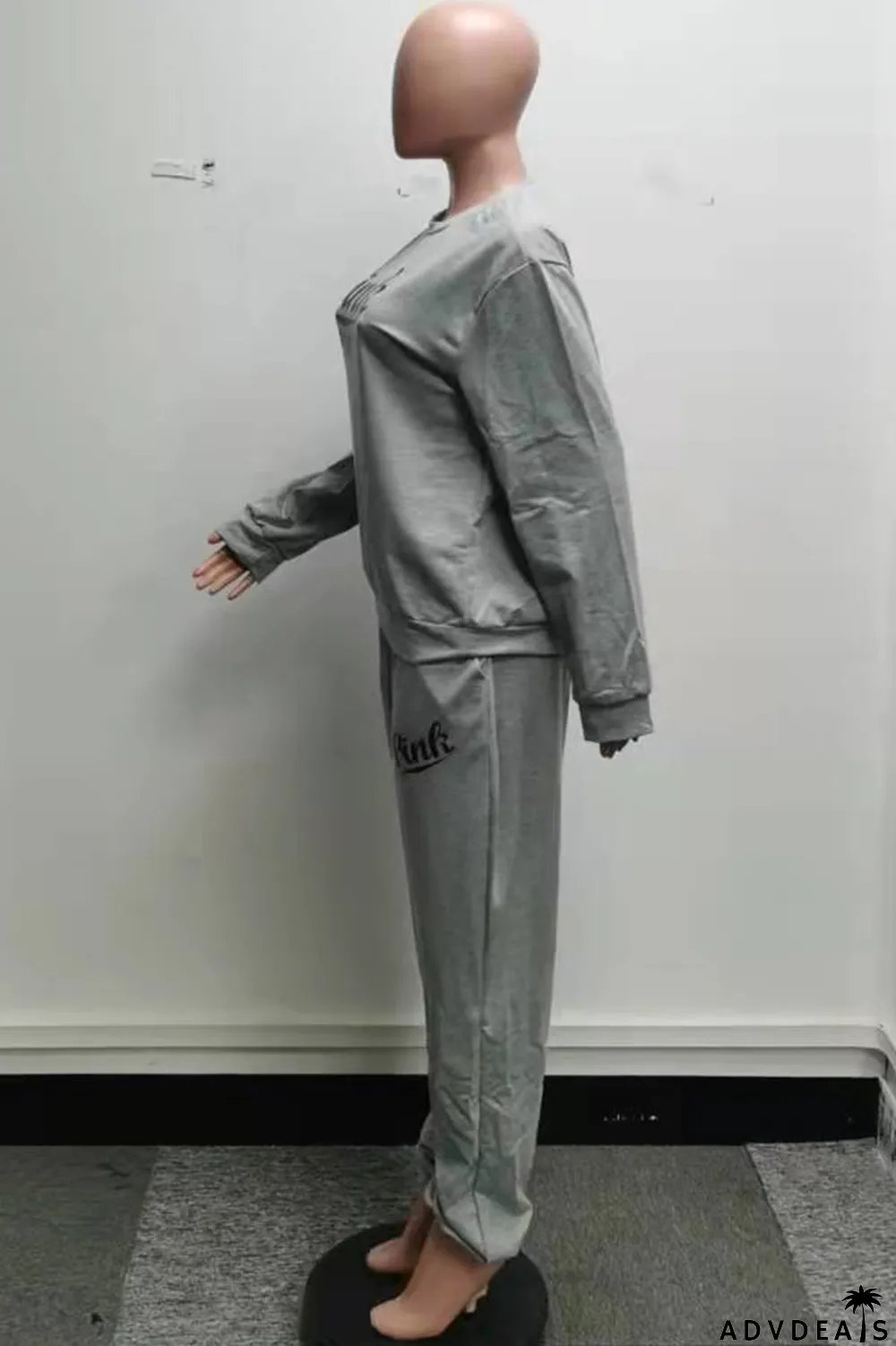 Grey Fashion Casual Letter Print Basic O Neck Long Sleeve Two Pieces