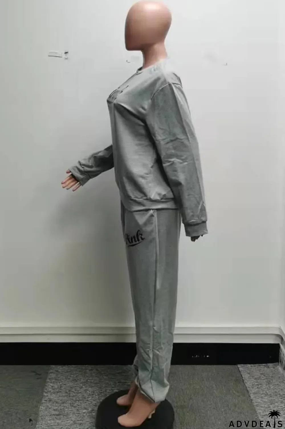 Grey Fashion Casual Letter Print Basic O Neck Long Sleeve Two Pieces