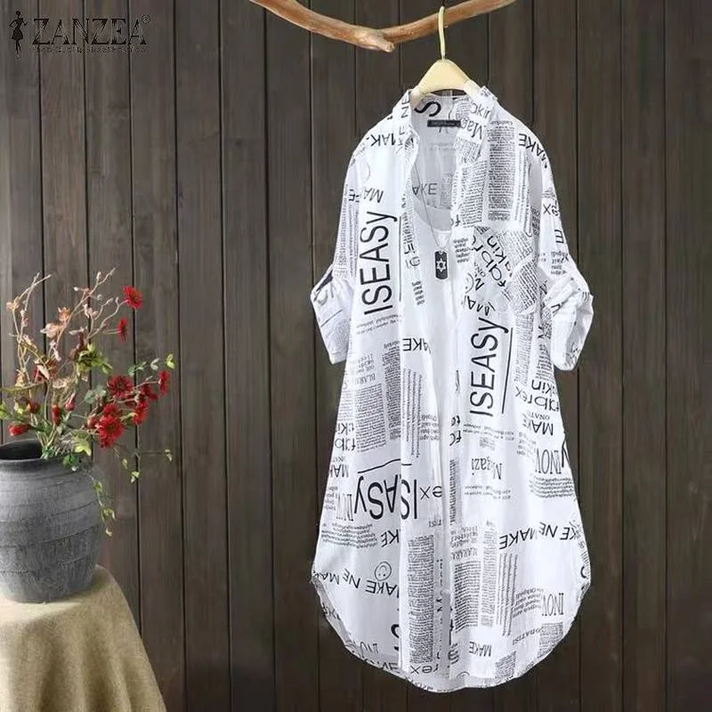 ZANZEA 2022 Fashion Spring Blouses Women's Printed Letter Shirts Long Sleeve Blusas Female Button Lapel Tunic Oversized Chemise