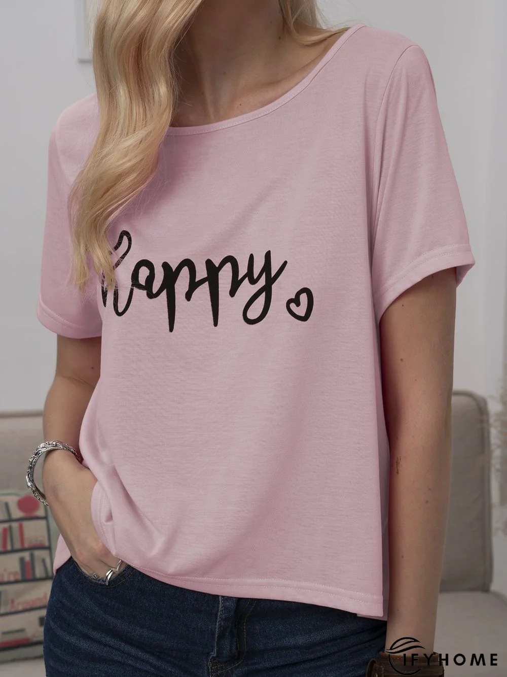 Plus Size Women Short Sleeve Happy Floral Casual Tops | IFYHOME