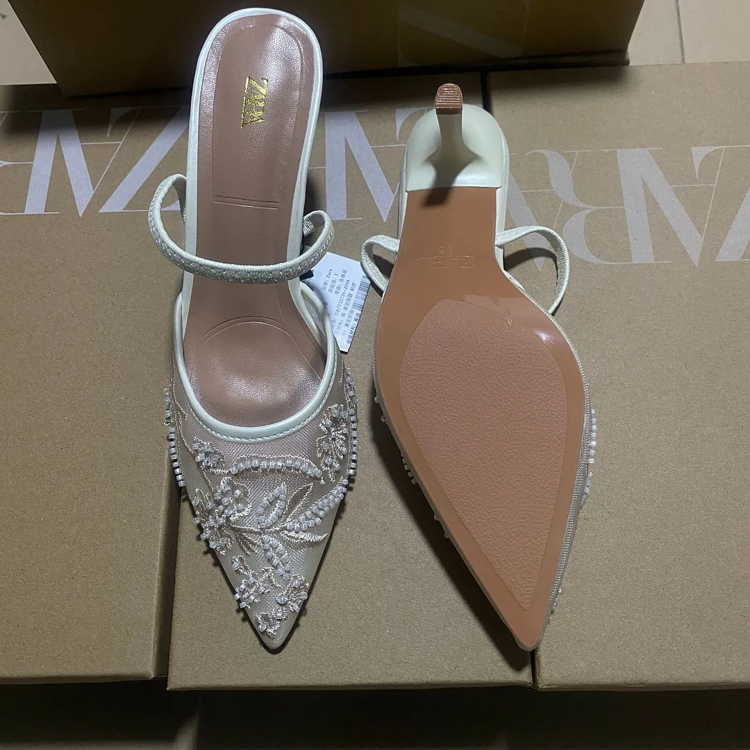 Breakj Breakj 2025 New New Products Sharp Head Behind The Empty Solid Color Embroidery Mesh Fine High Heel Muller Shoes 8236