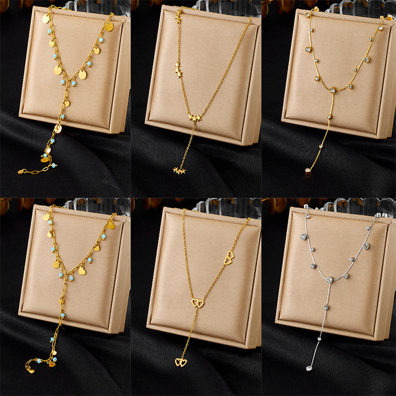 Small Design Versatile Simple Stainless Steel Diamond-Studded Love Disc Accessories Y-Shaped Long Tassel Necklace