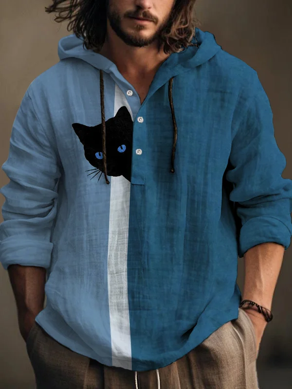 Men's Fun Hide And Seek Black Cat Print Hooded Shirt