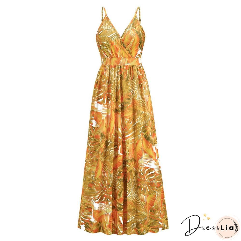 Bohemian print maxi dress sexy V-neck slip dress