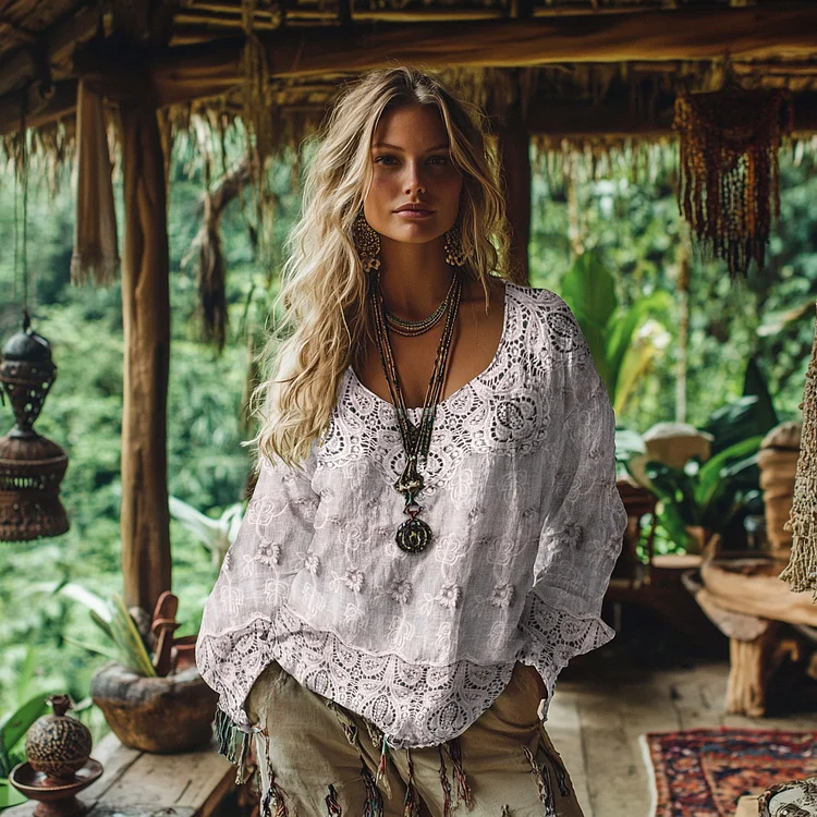 Retro Bohemian Floral Lace Art Cotton And Linen Blend Loose Blouse