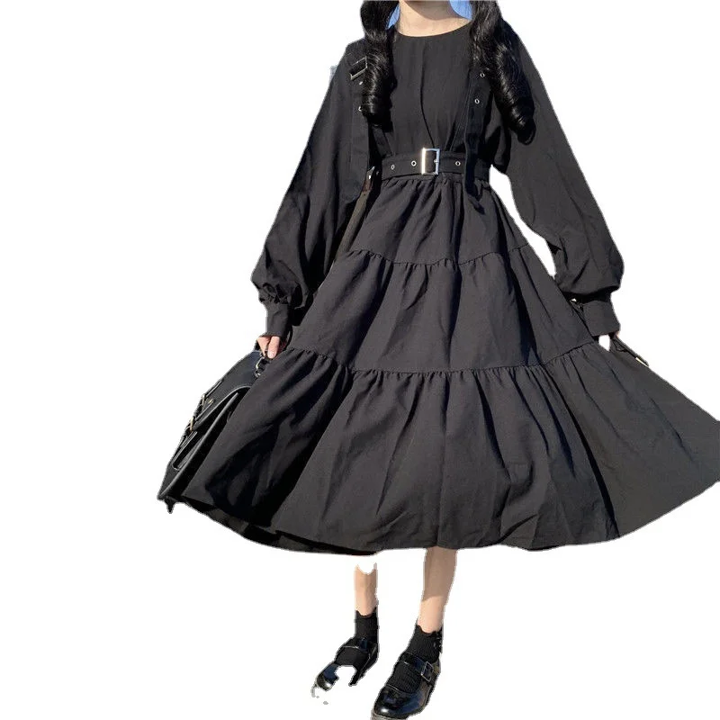Uveng Uveng Winter Long Sleeve High Waist Black Female Students Sweet And Lovely Waist Fold A Line Dress