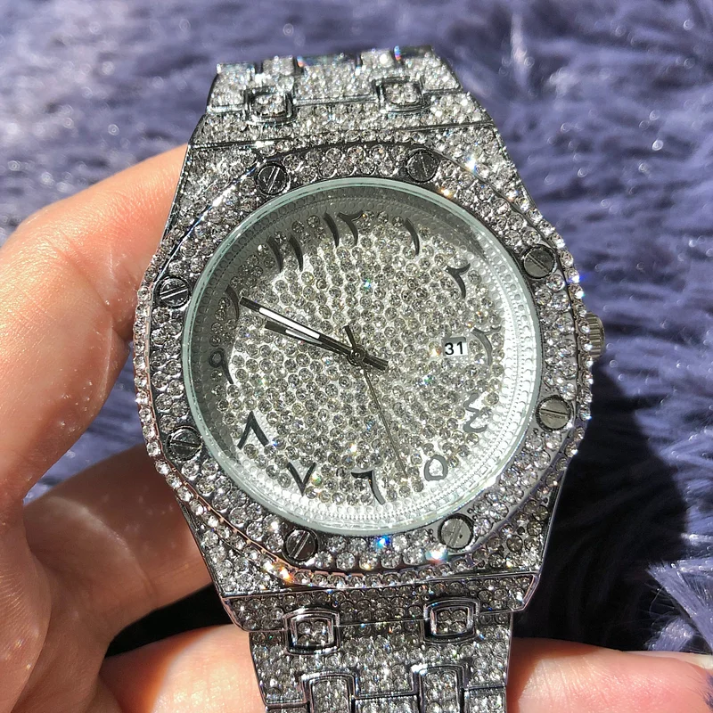 Vessful White Gold Iced Out Watch Silver Crystal Studded Diamond