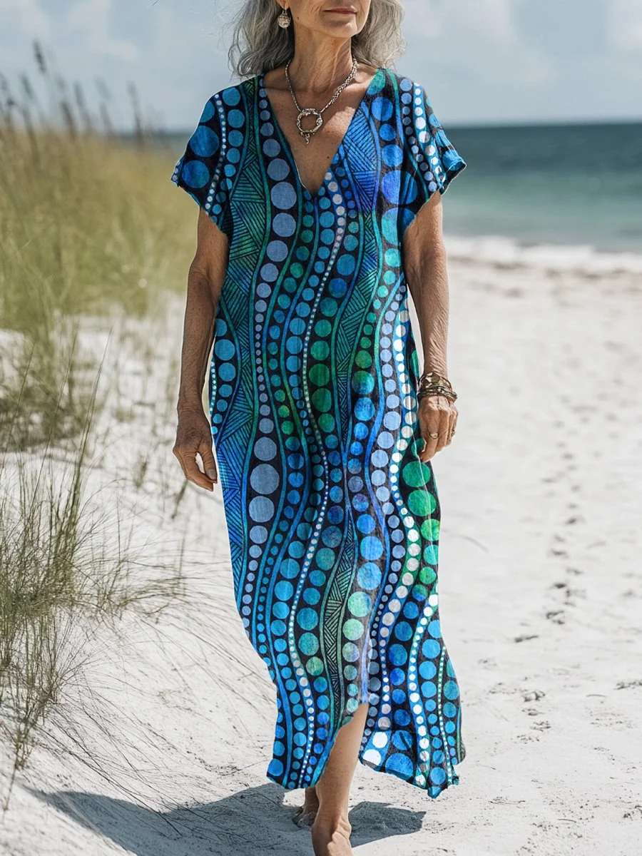 Geometric Circle Pattern Printed Women's Pocket Cotton Dress