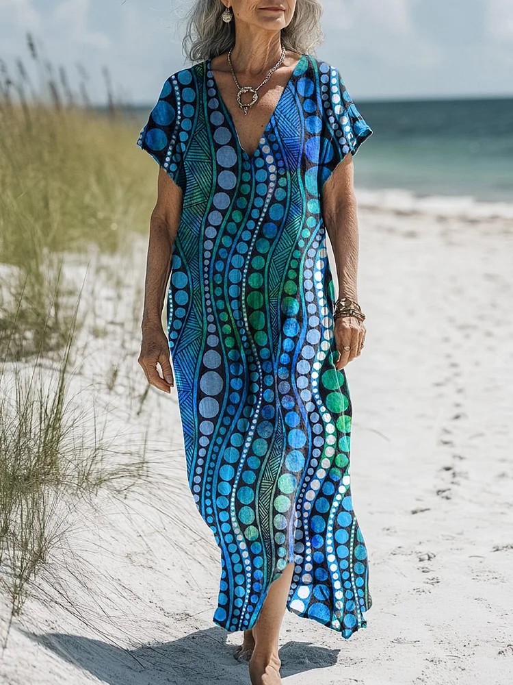 Geometric Circle Pattern Printed Women's Pocket Cotton Dress