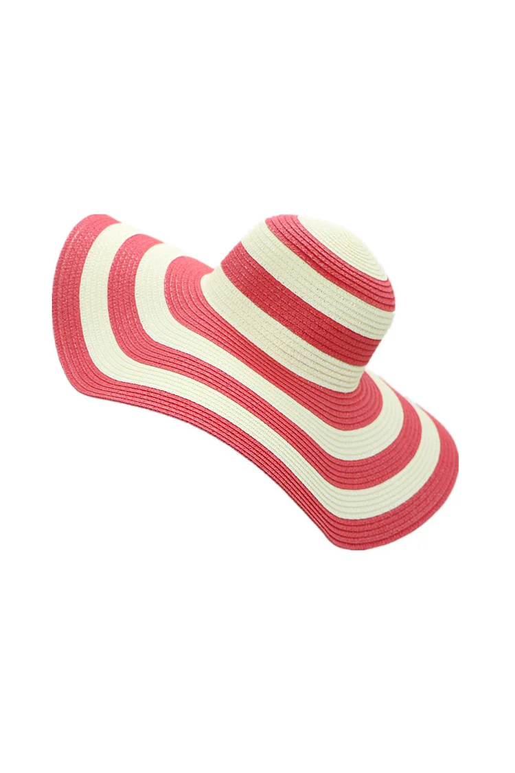 1950s Red Vacation Round Top Stripe Large Eaves Straw Hats