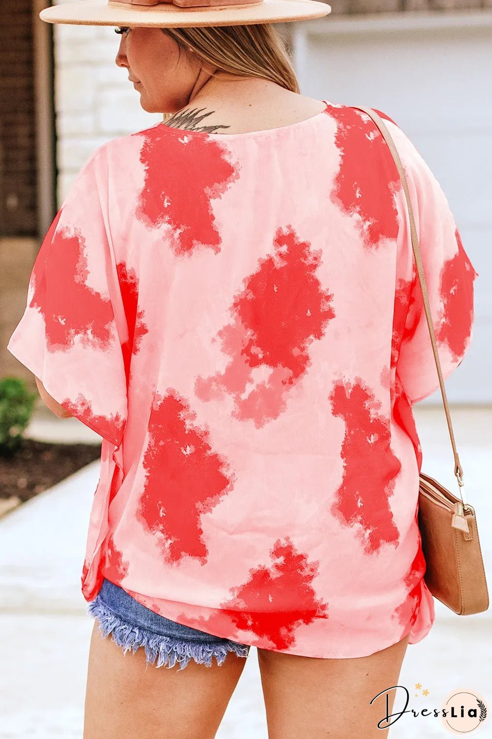 Red Plus Size Tie-dye Print 3/4 Sleeve Tunic Top