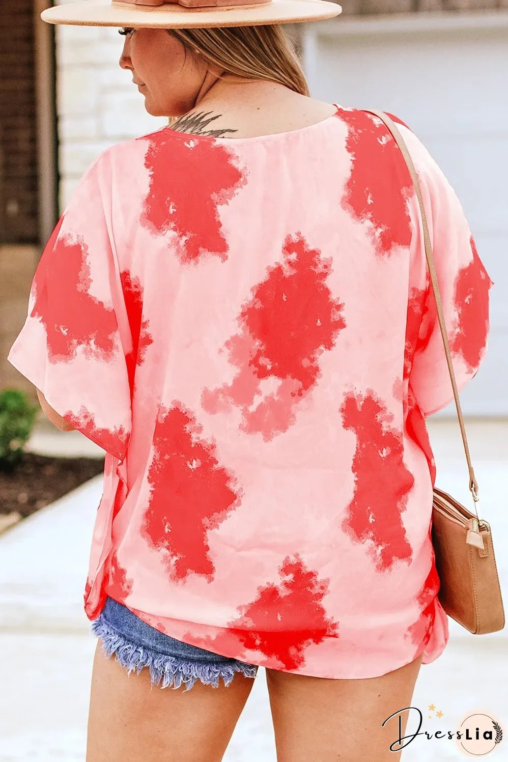 Red Plus Size Tie-dye Print 3/4 Sleeve Tunic Top